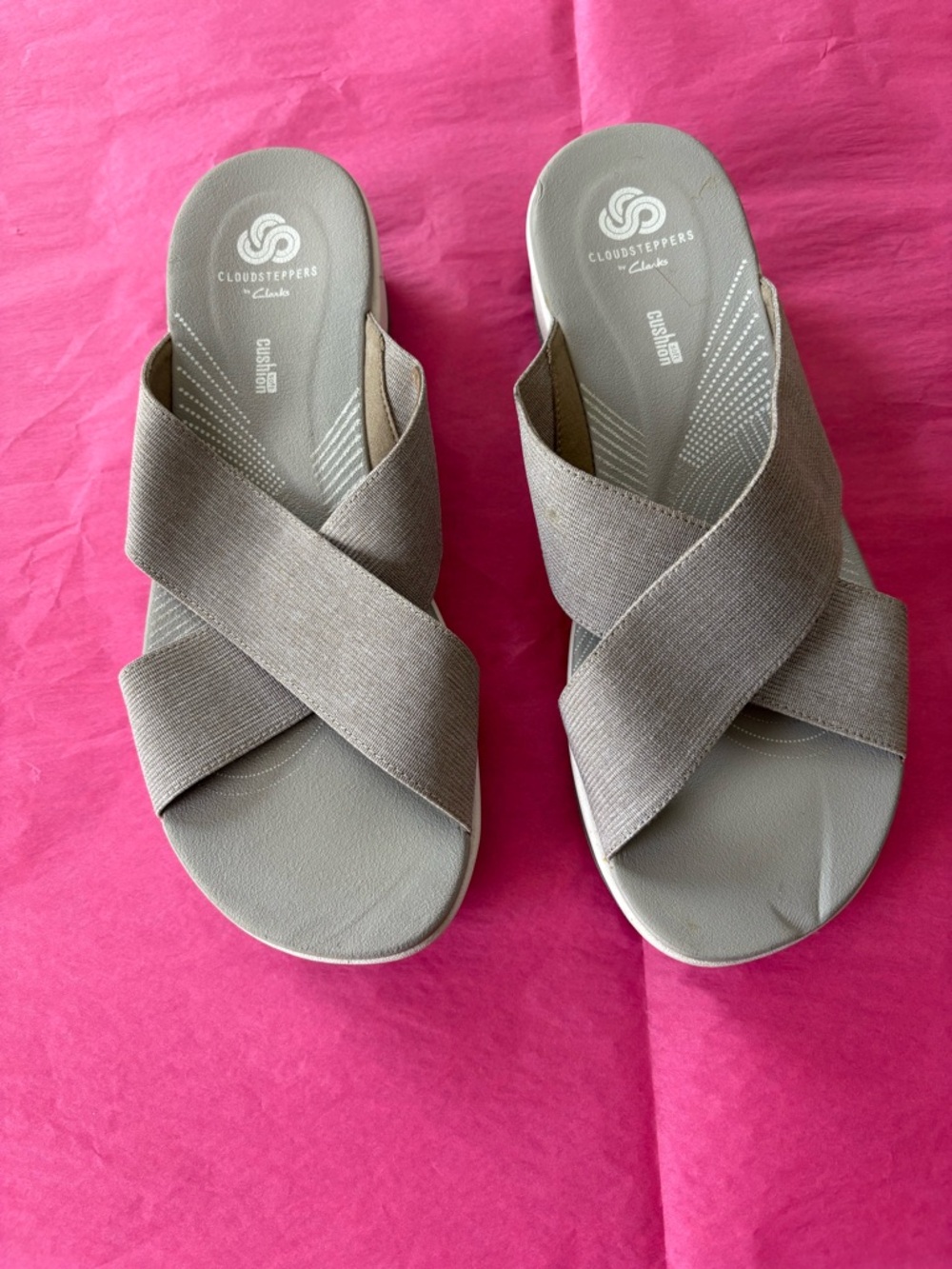 Cloudsteppers by Clarks Taupe Cross-Strap Slide Sandals